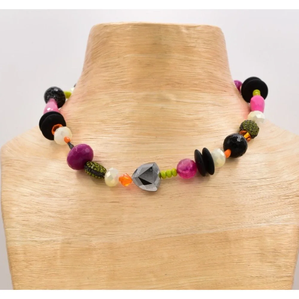 Vintage Glass Beaded Collar Necklace Crystal Purple Orange Black Halloween BinBL